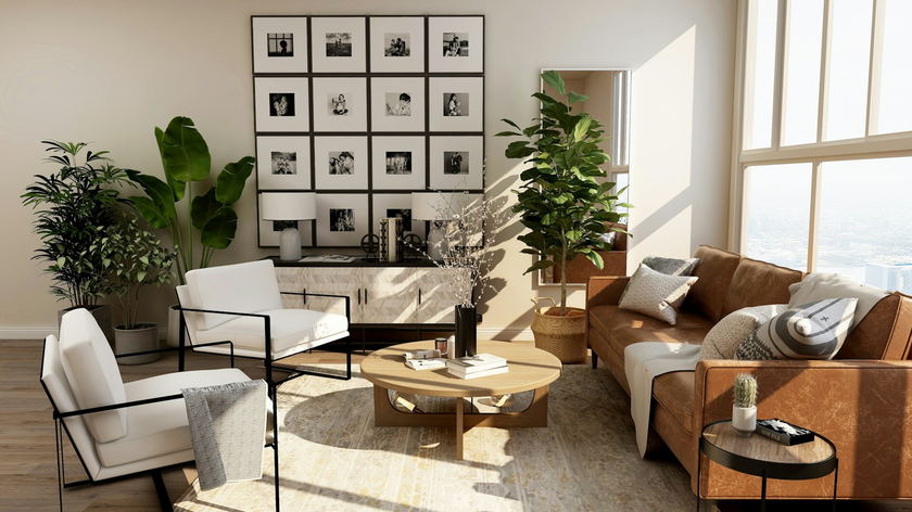 Stylish apartment living room with large windows