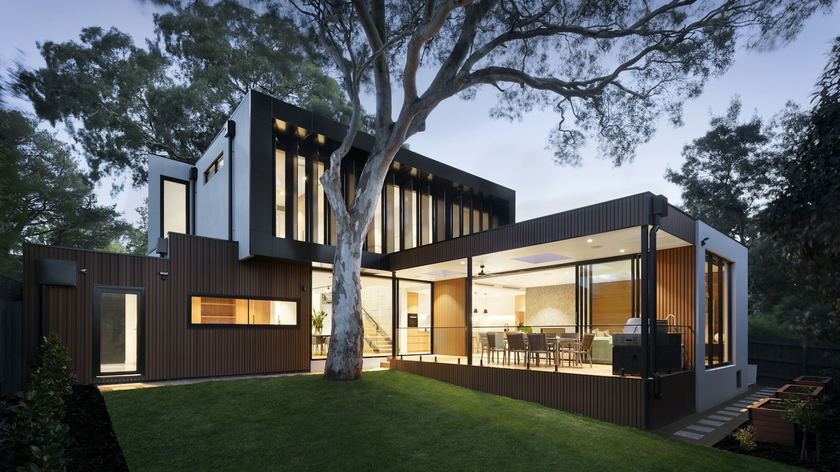 Modern bungalow exterior at dusk