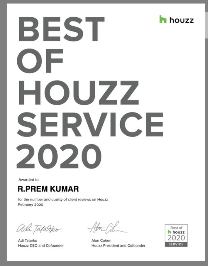 Best of Houzz Service 2020 certificate awarded to R. Prem Kumar in February 2020, bearing Adi Tatarko and Alon Cohen's signatures and the Houzz badge; full artwork displayed uncropped