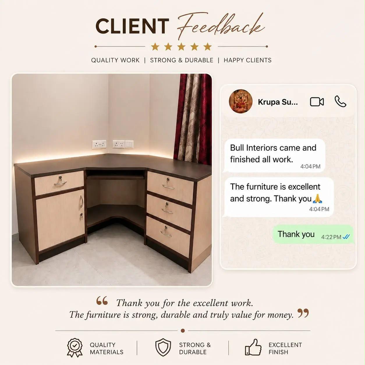 Krupa corner-desk WhatsApp client feedback artwork, shown in full