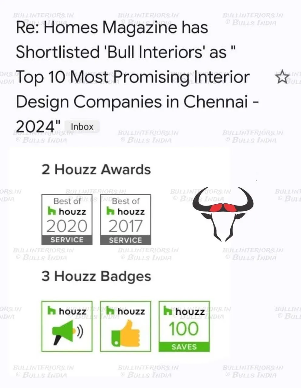ReHomes Magazine email confirming Bull Interiors was shortlisted among Chennai's top 10 most promising interior design companies in 2024, shown in full